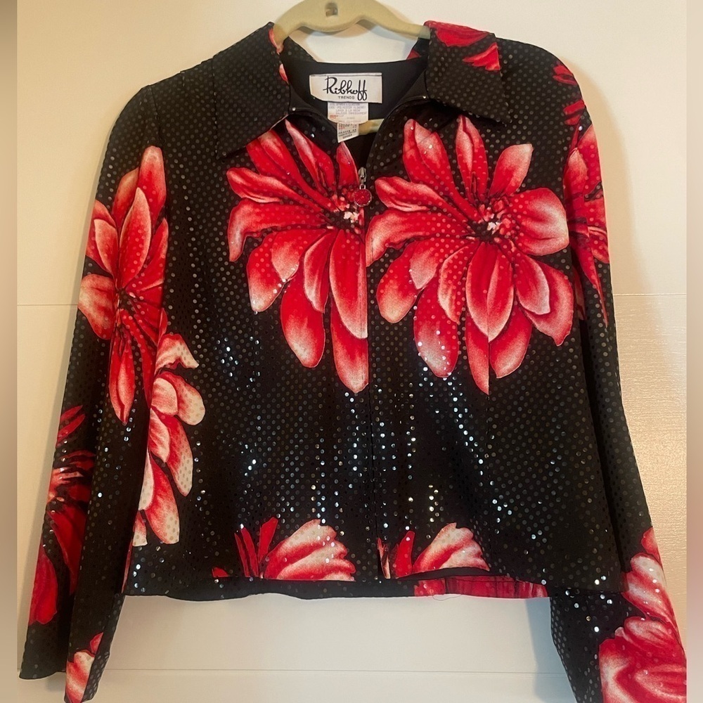 80’s 90’s Vintage | Black Red Floral Print Jacket